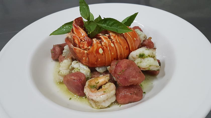 Beetroot Gnocchi with Spiny Lobster and Shrimps